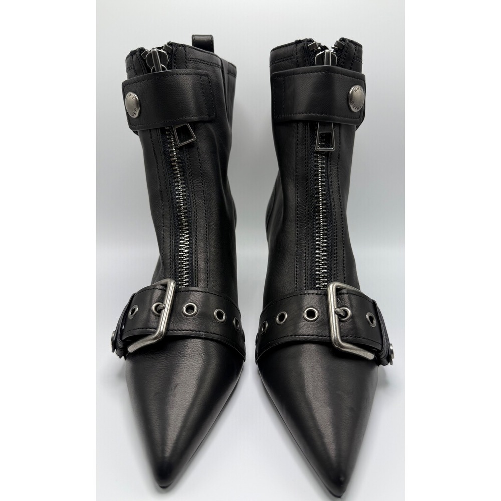 Kurt Geiger London Black Leather Buckle Zip Ankle Boots Kitten Heel Pointed Toe - Picture 4 of 9